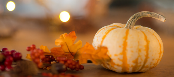 Small pumpkin with autumn leaves and berries on a wooden surface